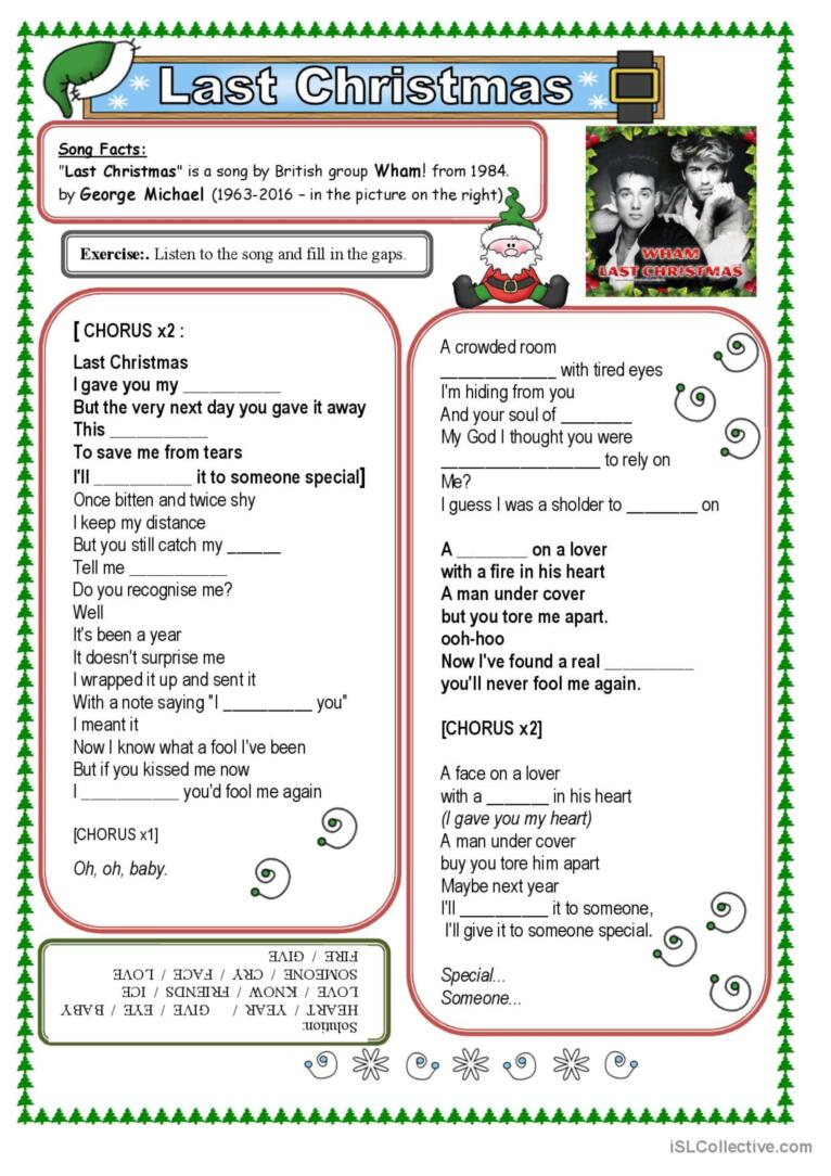 Wham-George Michael-Last Christmas (…: English Esl Worksheets Pdf pertaining to Last Christmas Song Worksheets