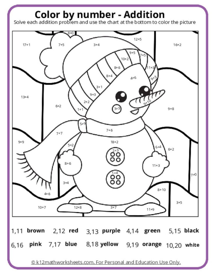 Christmas Math Addition Color by Number Worksheets