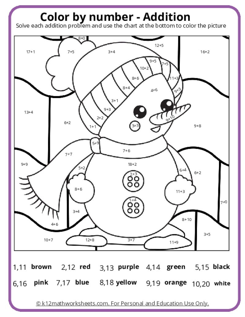 Winter Colornumber Pages - K12 Math Worksheets in Christmas Math Addition Color by Number Worksheets