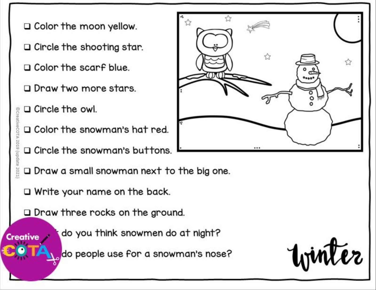 Winter Following Directions Activity - Your Therapy Source within Following Directions Christmas Worksheets