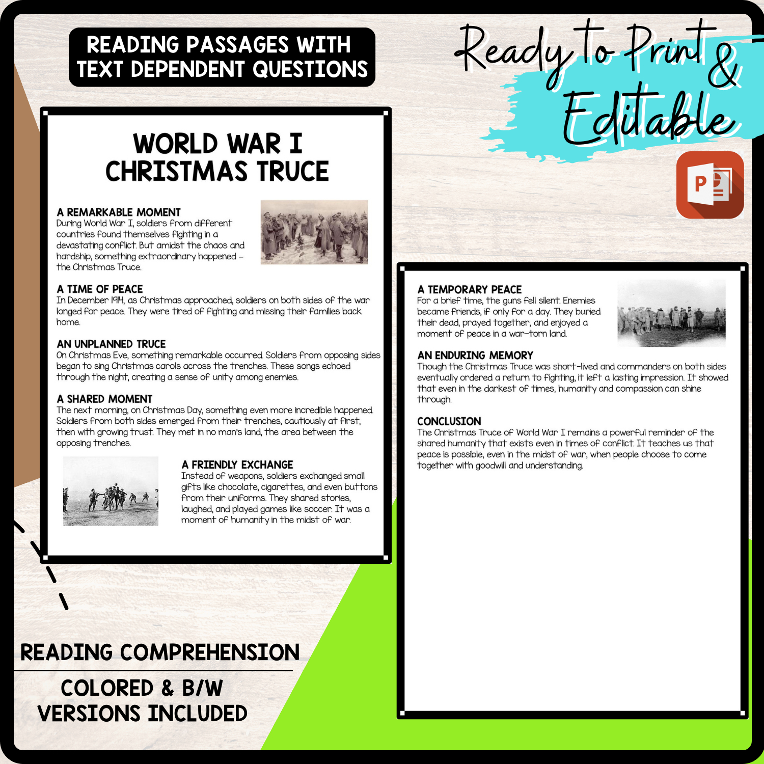 World War I Christmas Truce Reading Comprehension Worksheet in The World War 1 Christmas Truce Worksheets