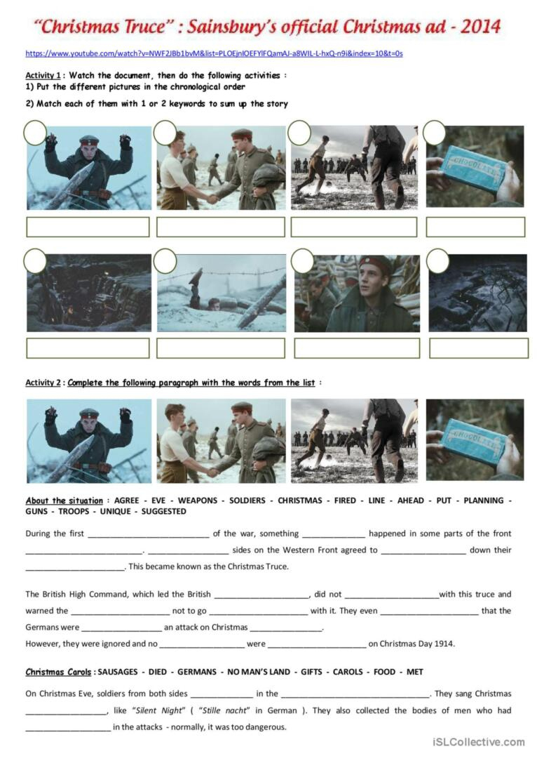 Ww1 : The Christmas Truce ( Sainbury…: English Esl Worksheets Pdf pertaining to A Christmas Truce Worksheets Answers