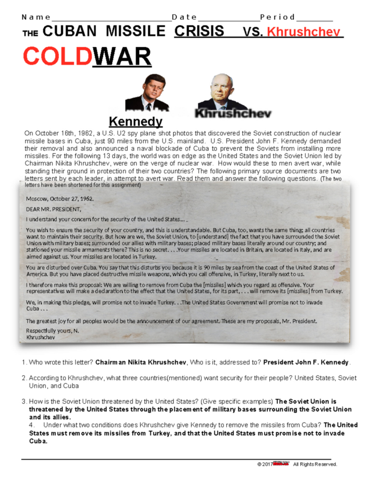 Letter From Chairman Khrushchev To President Kennedy Worksheet Answers