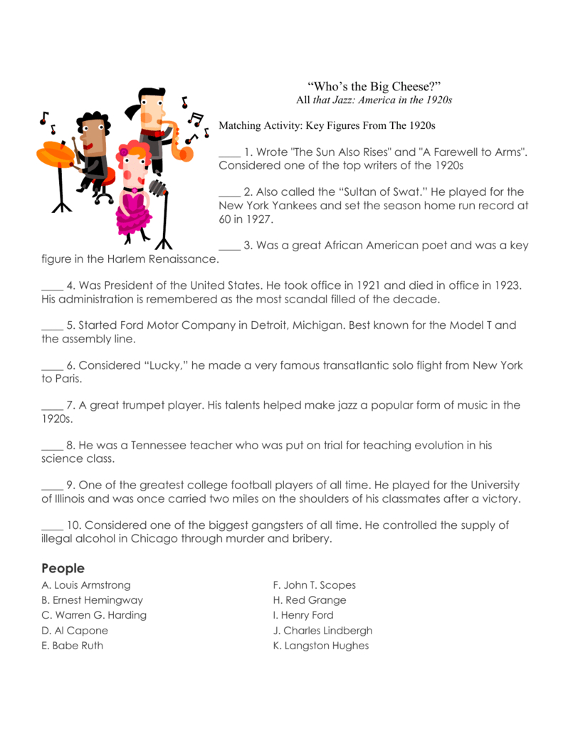 1920S Key Figures Matching Activity | Us History regarding The Harding Presidency Worksheet Answer Key