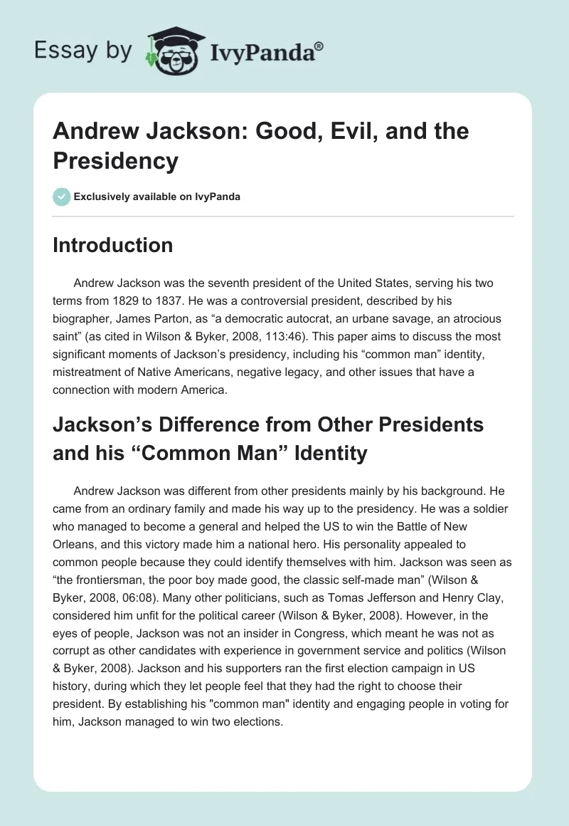 Andrew Jackson, Good, Evil, And The Presidency - 955 Words within Andrew Jackson Good Evil And the Presidency Worksheet