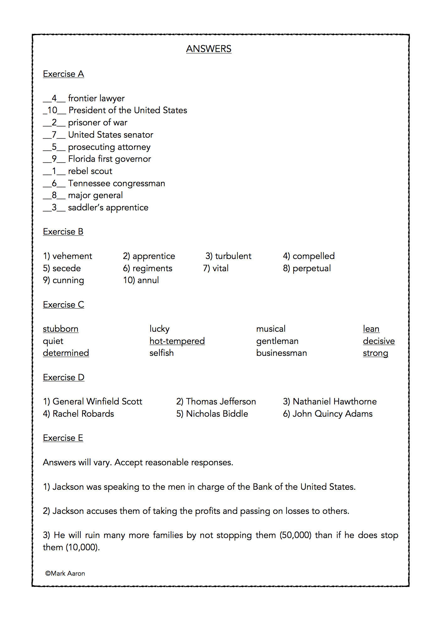 Andrew Jackson- U.s. President Biography And Assessment - Classful within Jackson&amp;#039;S Presidency In Review Worksheet