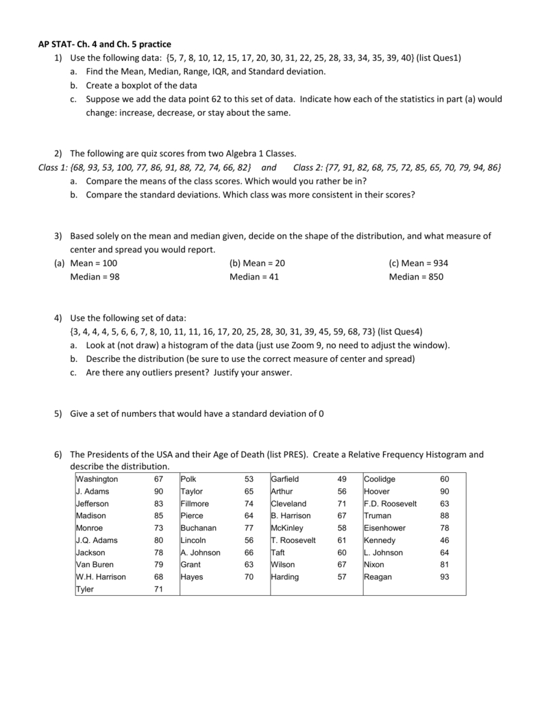 Ap Statistics Ch. 4 &amp;amp; 5 Practice Problems in 74 93 Presidents Worksheet Answer Key