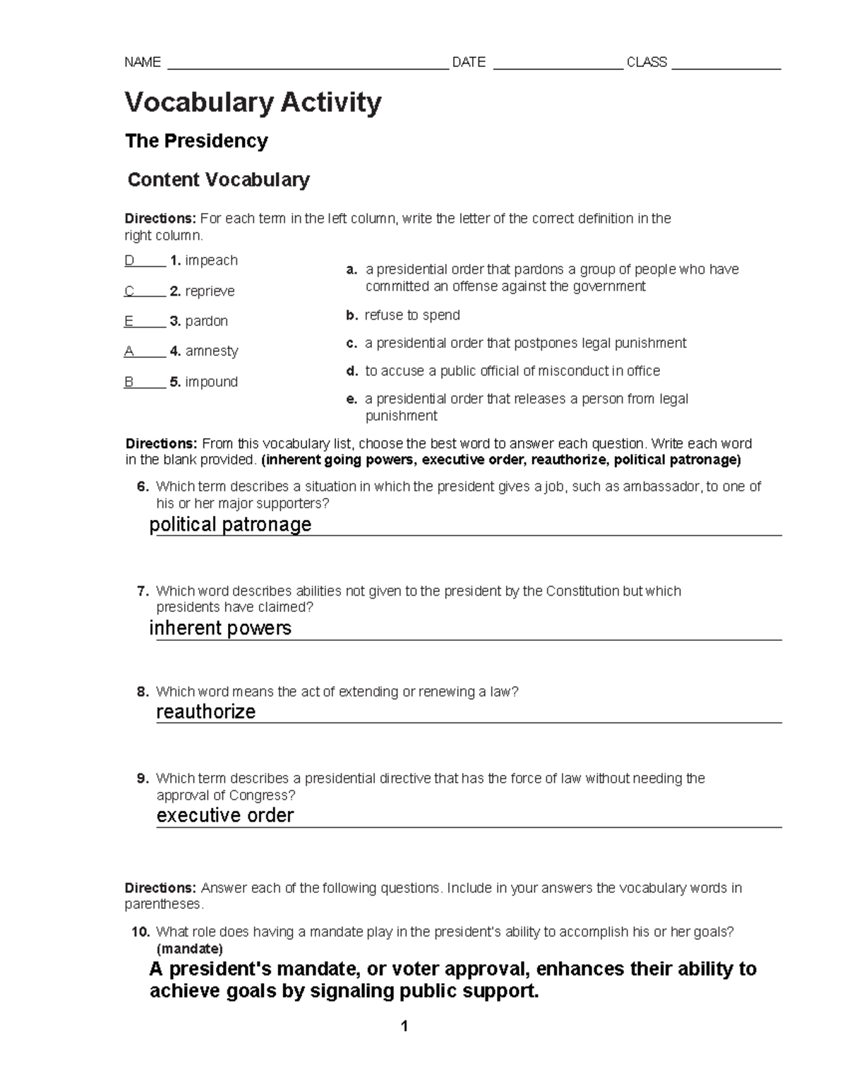 Chapter 9 Vocabulary Builder - The Presidency Activities - Studocu pertaining to Presidency Fill In Worksheet Answers