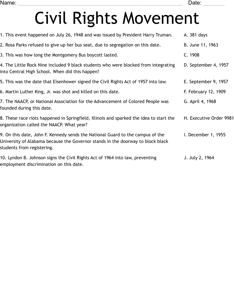 Civil Rights Movement Worksheet - Wordmint in President Kennedy&amp;amp;#039;s Speech On Civil Rights Worksheet Answers