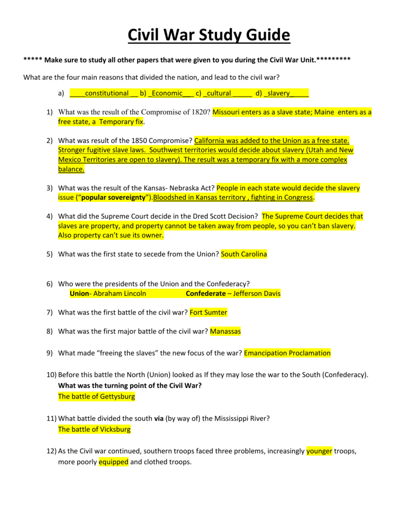 Civil War Study Guide: Causes, Battles, Key Figures with regard to Ultimate Guide To The Presidents A House Divided Worksheet Answers