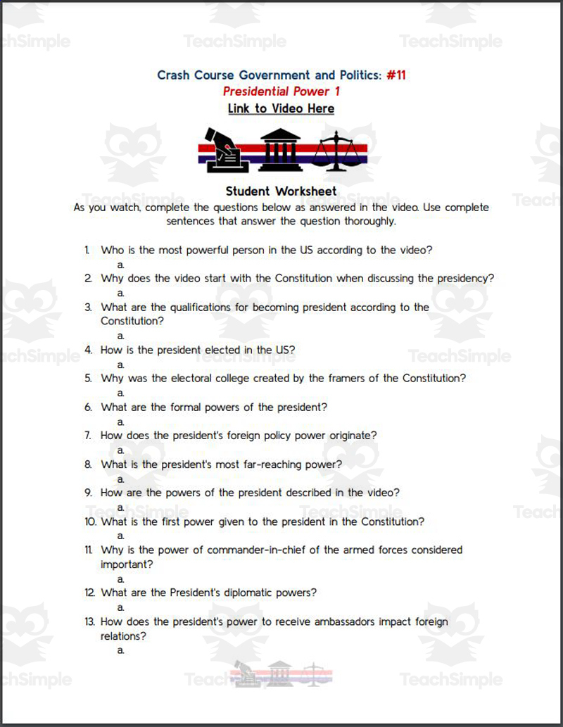 Crash Course: Government And Politics #11: Presidential Power Worksheet with regard to The Powers Of The President Worksheet
