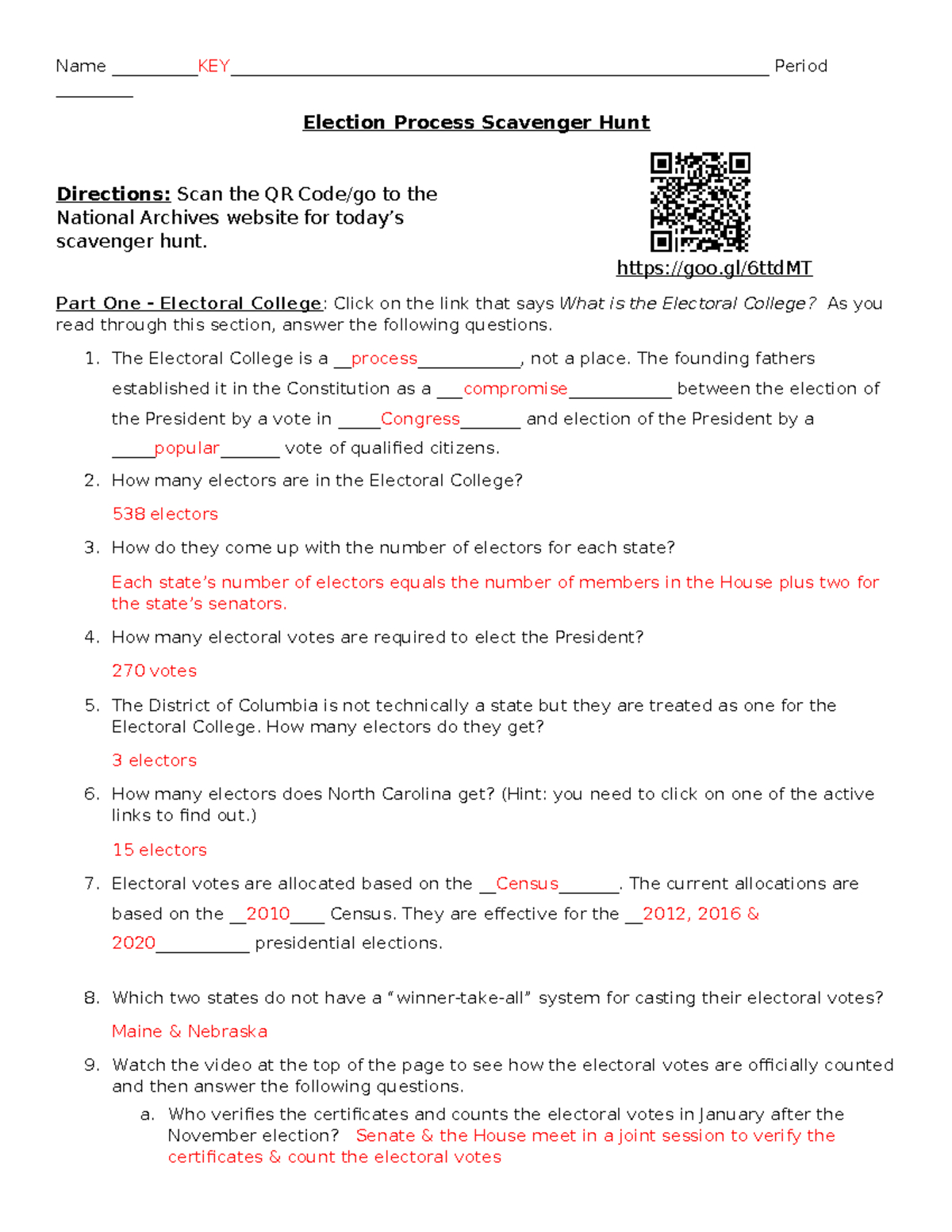 Election Process Scavenger Hunt Key: Understanding Votes And with Electing the President Worksheet Answers