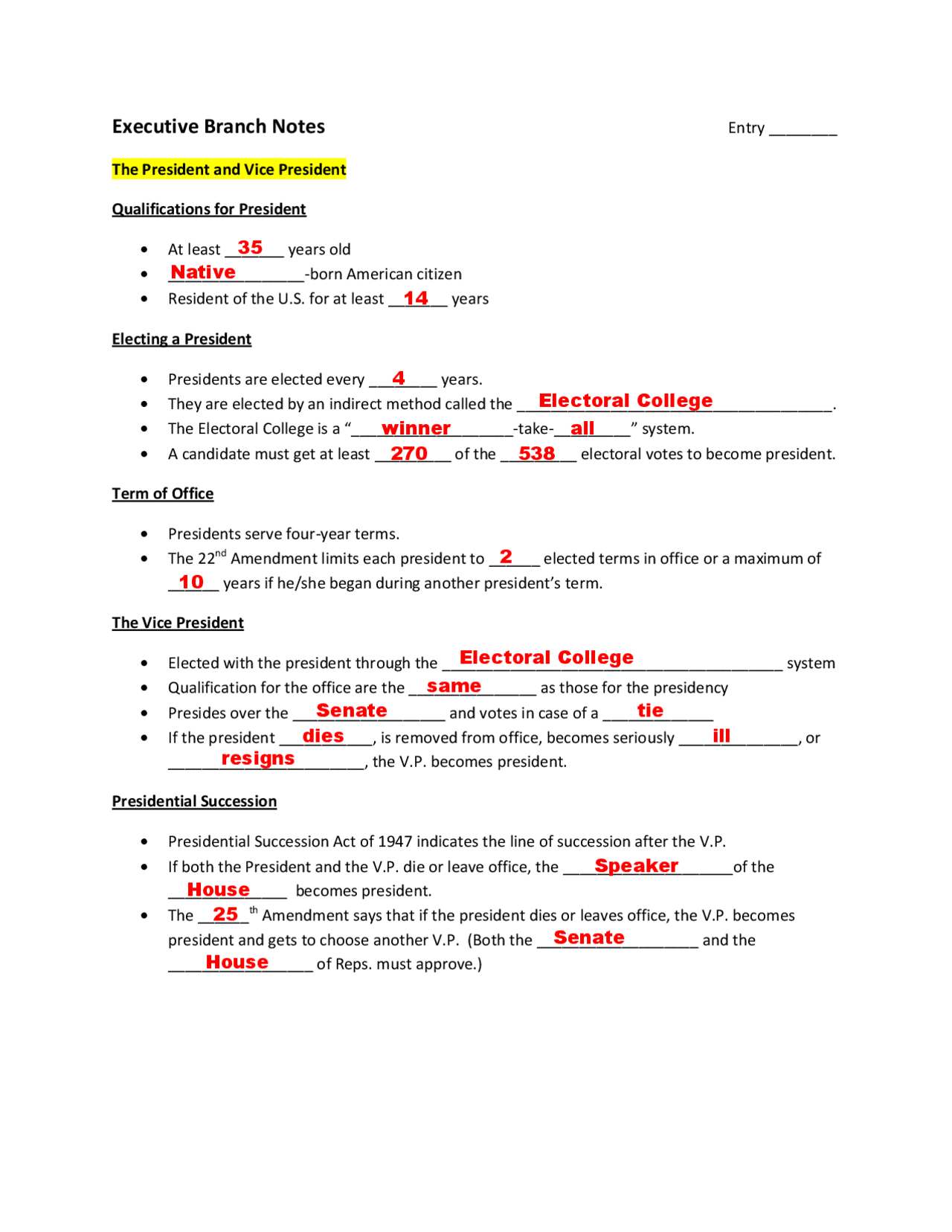 Executive Branch Notes And Worksheet Answers | Exercises Local within Presidency Fill In Worksheet Answers