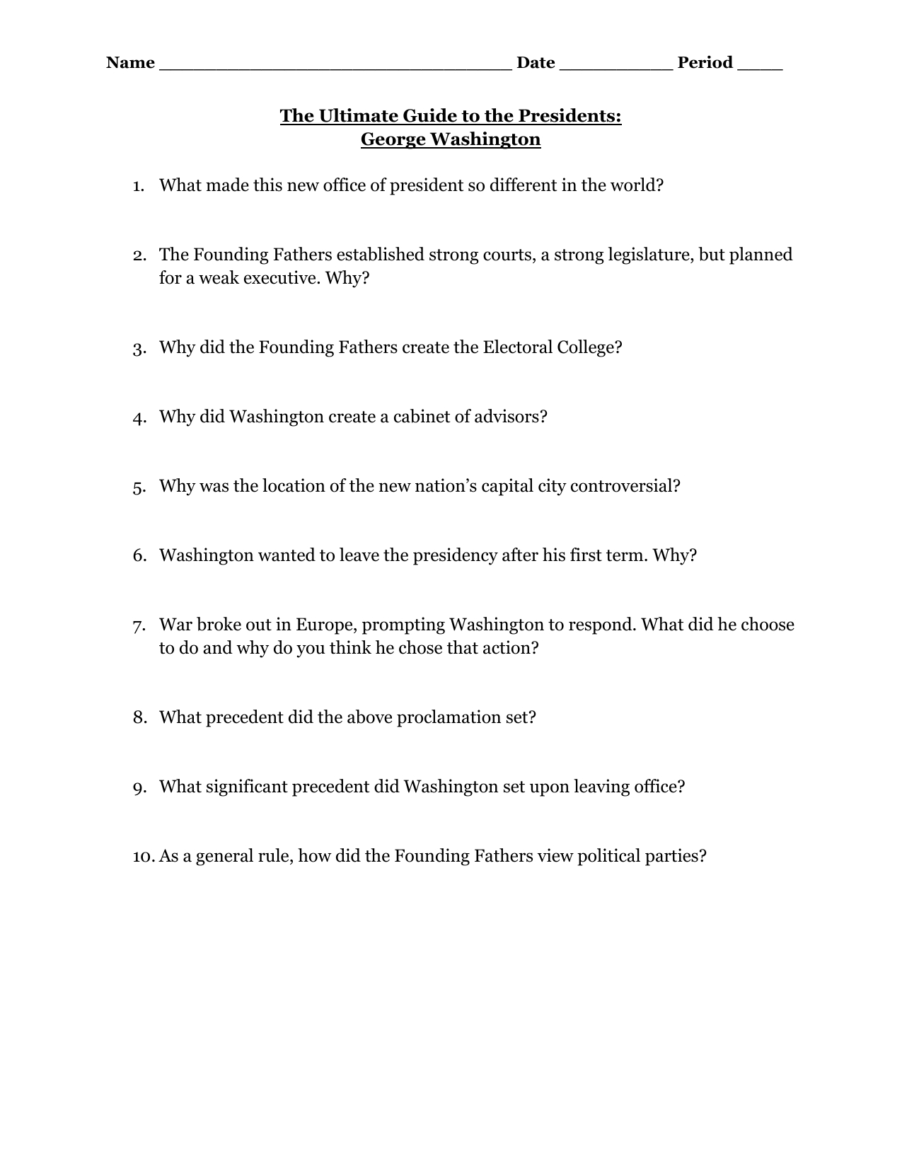 George Washington Worksheet: Us Presidency Questions with The Ultimate Guide To the Presidents Worksheet Answers