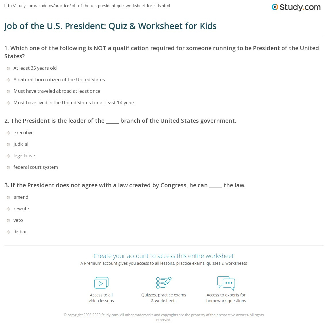 Job Of The U.s. President: Quiz &amp;amp; Worksheet For Kids | Study for The President&amp;amp;#039;s Job Description Worksheet
