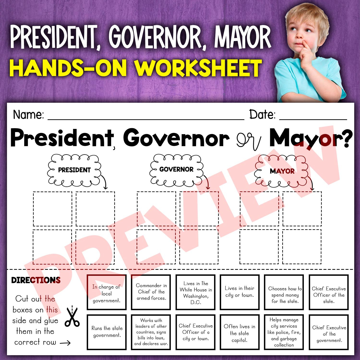 Levels Of Government Sorting Activity | President, Governor, And for Mayor Governor President Worksheet