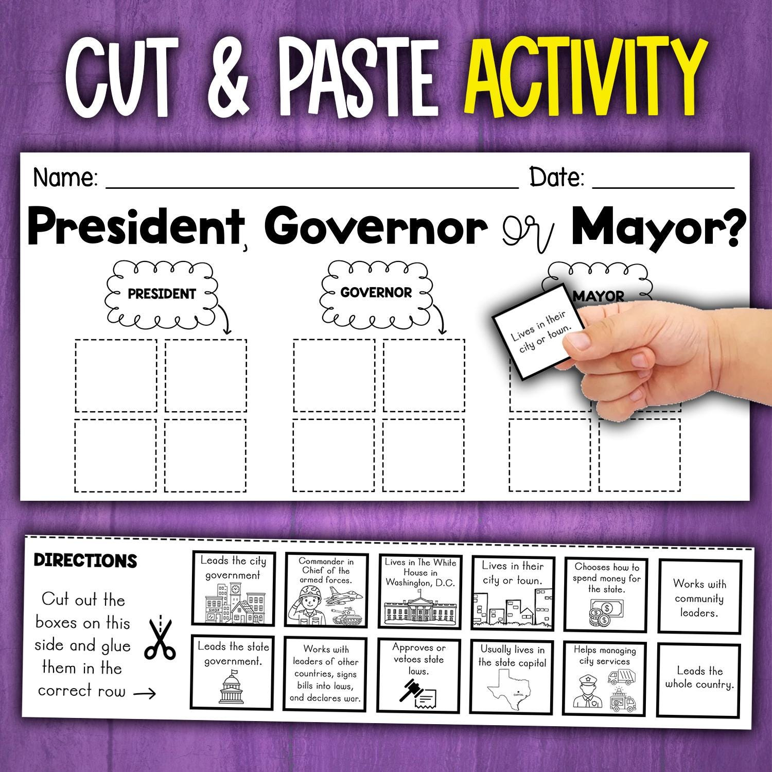 Levels Of Government Sorting Activity | President Governor Mayor for Mayor Governor President Worksheet