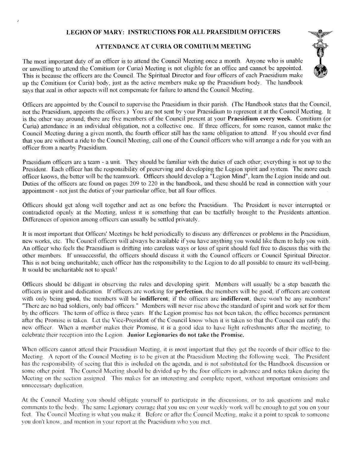 Officer Duties Handout - Legion Of Mary in Legion Of Mary President Worksheet