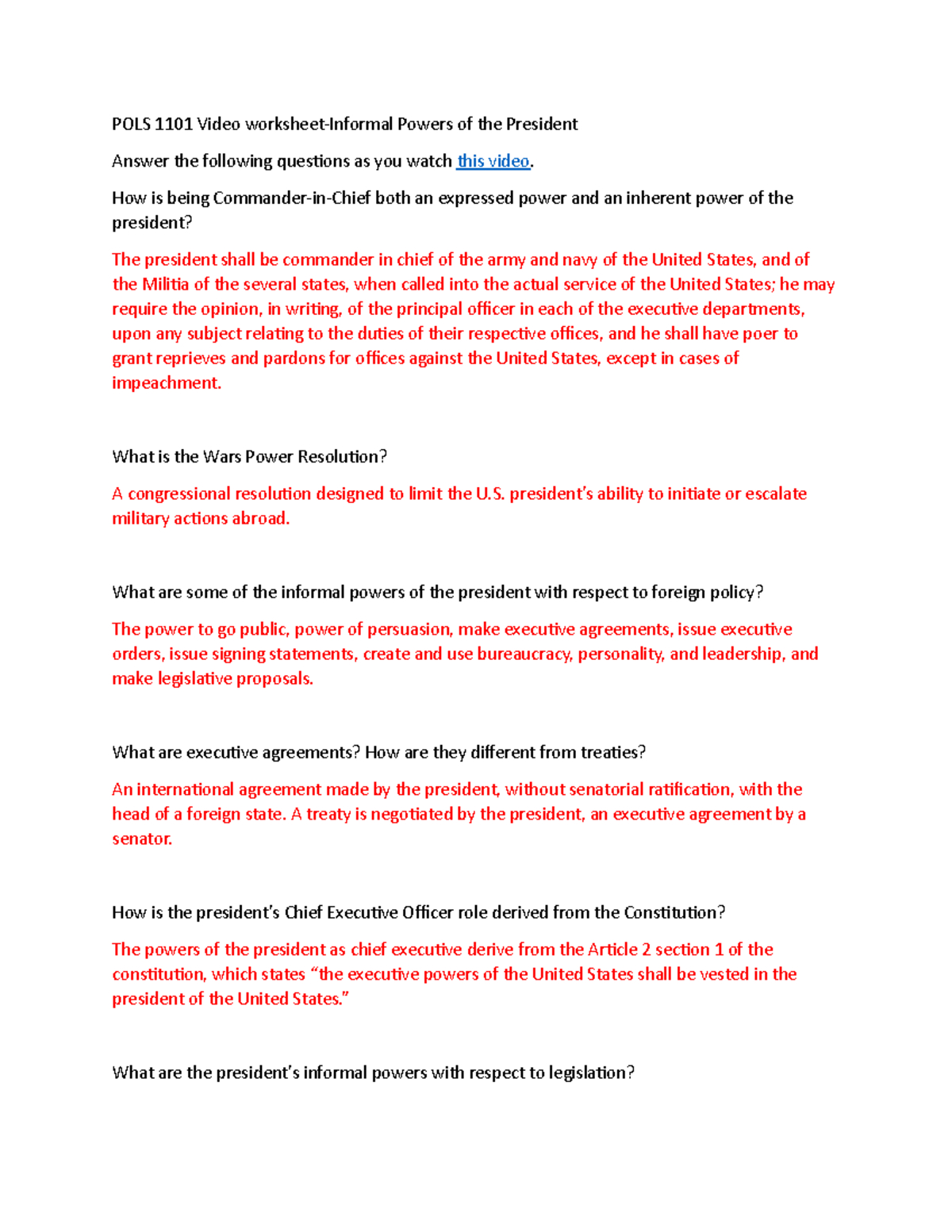 Pols 1101 Video Worksheet: Informal Powers Of The Presidency - Studocu throughout Powers of the President Worksheet Answers