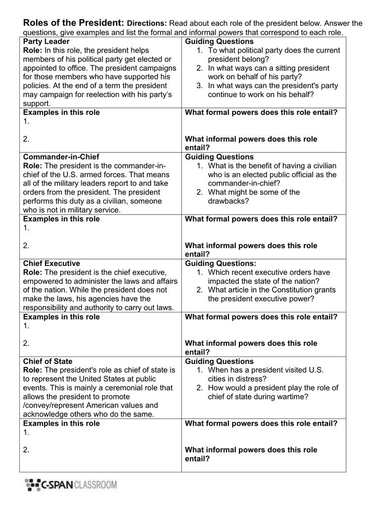 Presidential Roles Worksheet: Powers &amp;amp; Responsibilities throughout The Roles Of The President Worksheet