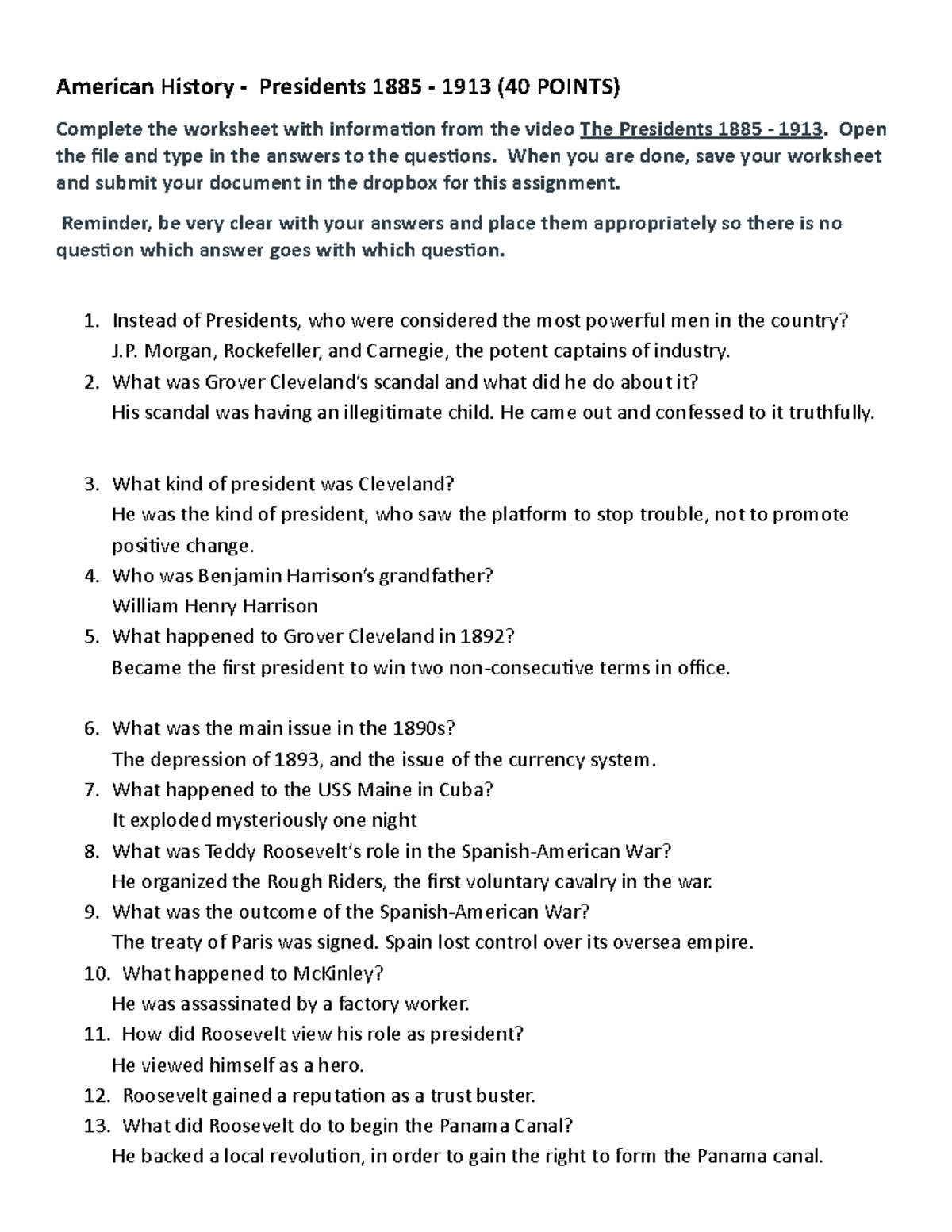 Presidential Video Worksheet 1885-1913 Overview Sp20 - Studocu pertaining to The American President Worksheet Answers
