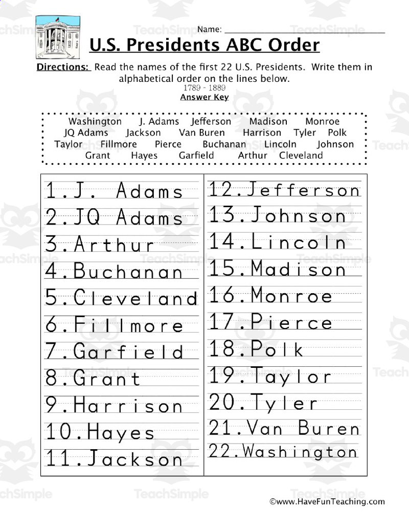 President&amp;#039;S Abc Order Worksheet #1Teach Simple with regard to List Of Presidents In Order Worksheet
