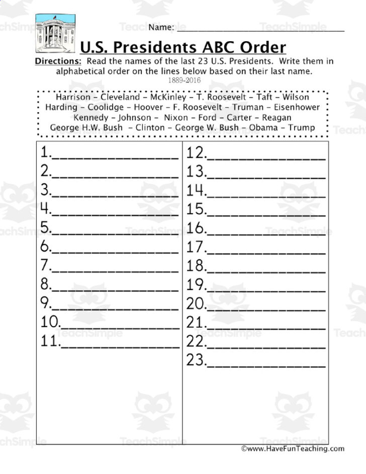 List of Presidents In Order Worksheet