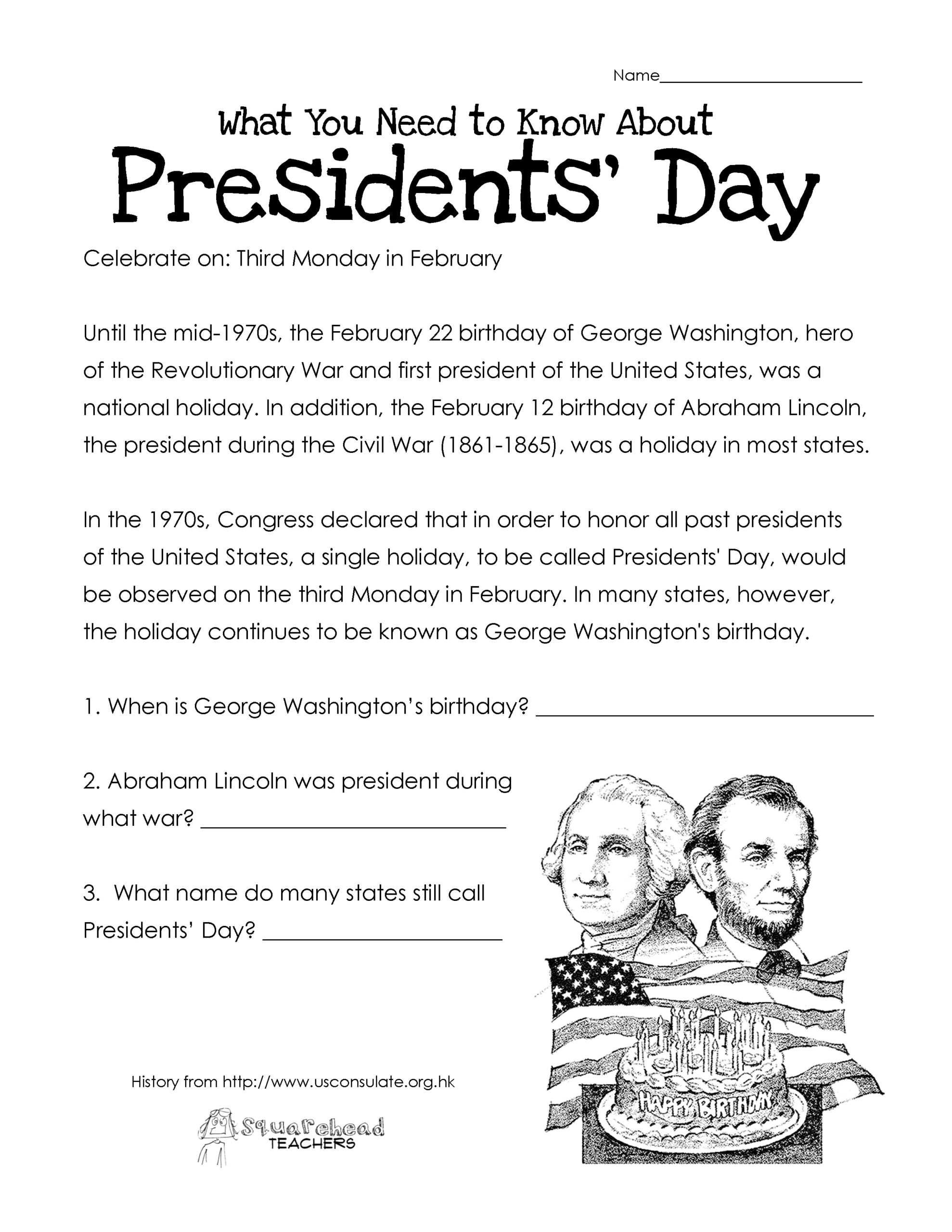 Presidents&amp;#039; Day (Free Worksheet) Updated | Squarehead Teachers with regard to Presidents Day Worksheets