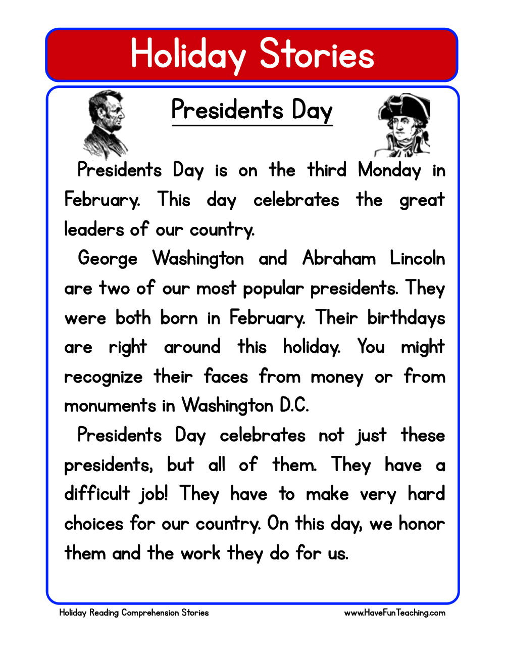 Presidents Day Reading Comprehension Worksheet - Have Fun Teaching pertaining to Presidents Day Reading Comprehension Worksheet