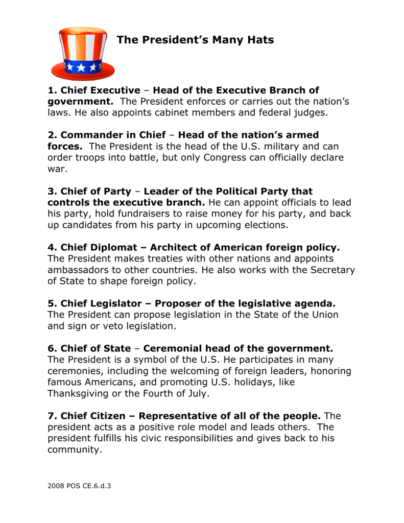 President&amp;#039;S Roles Worksheet: Matching Presidential Actions intended for Roles of the President Worksheet Answers