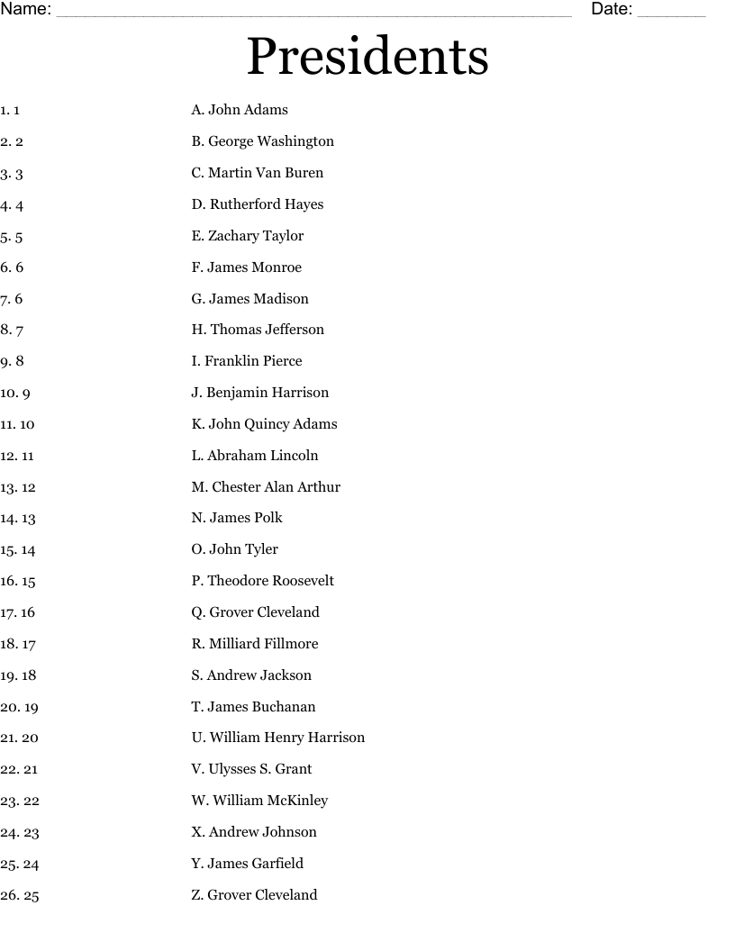 Presidents Worksheet - Wordmint regarding List of Presidents In Order Worksheet