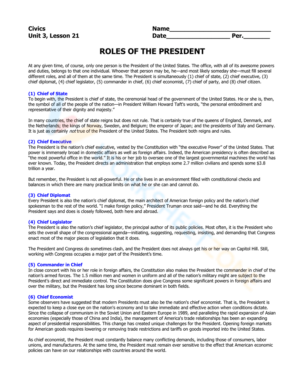Printable Roles Of The President Worksheets intended for Jobs Of The President Worksheet