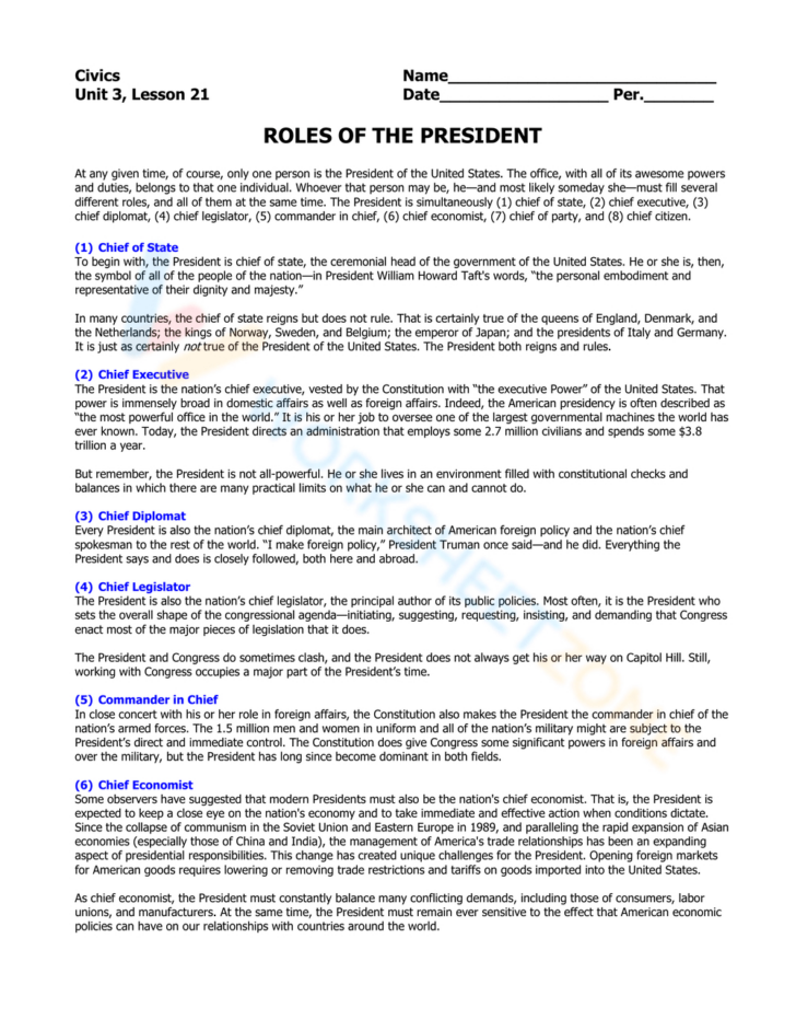 Roles of the President Worksheet