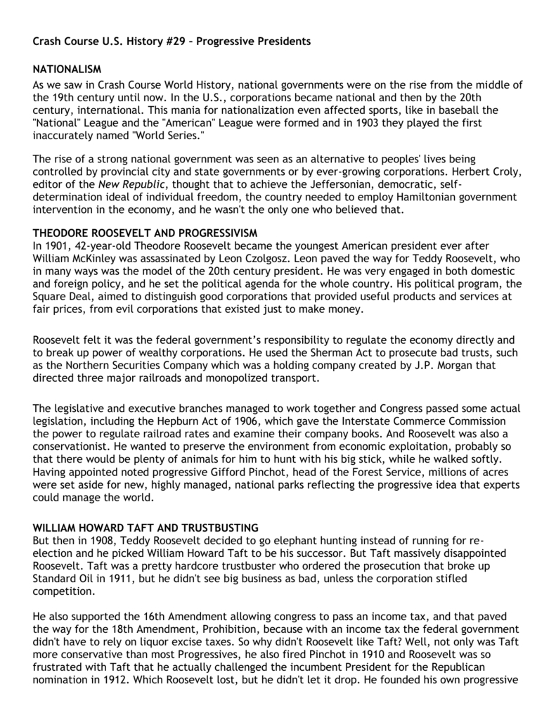 Progressive Presidents: Crash Course U.s. History Transcript intended for Progressive Presidents Crash Course Us History #29 Worksheet Answers