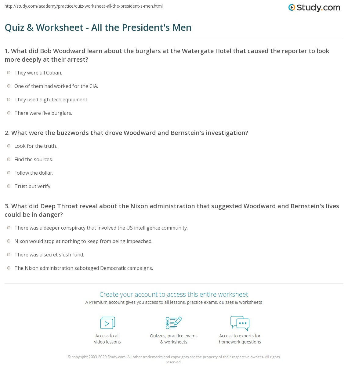 Quiz &amp;amp; Worksheet - All The President&amp;#039;S Men | Study intended for All The President&amp;#039;S Men Worksheet Answers