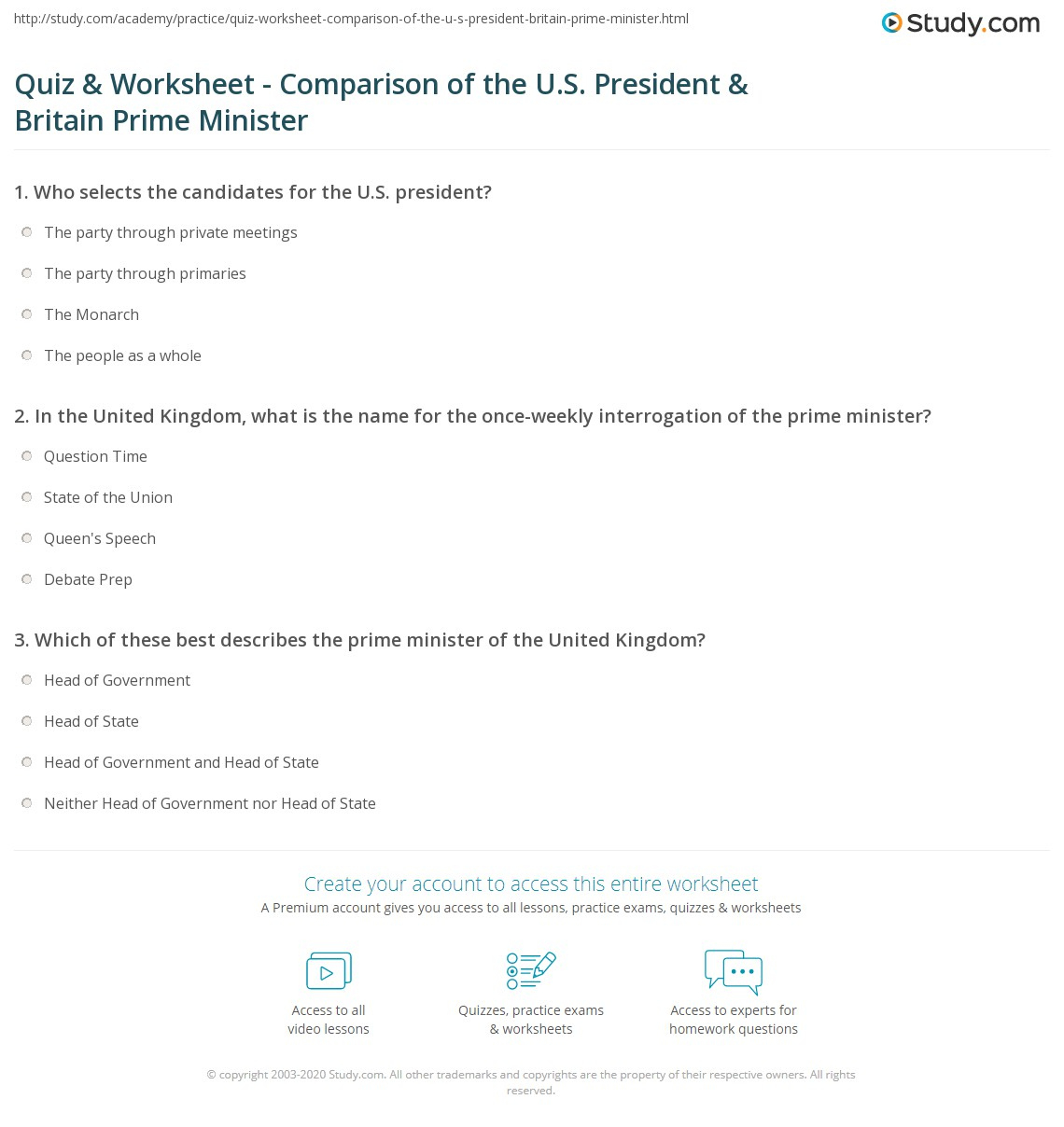 Quiz &amp;amp; Worksheet - Comparison Of The U.s. President &amp;amp; Britain inside Popular Vs President Worksheet