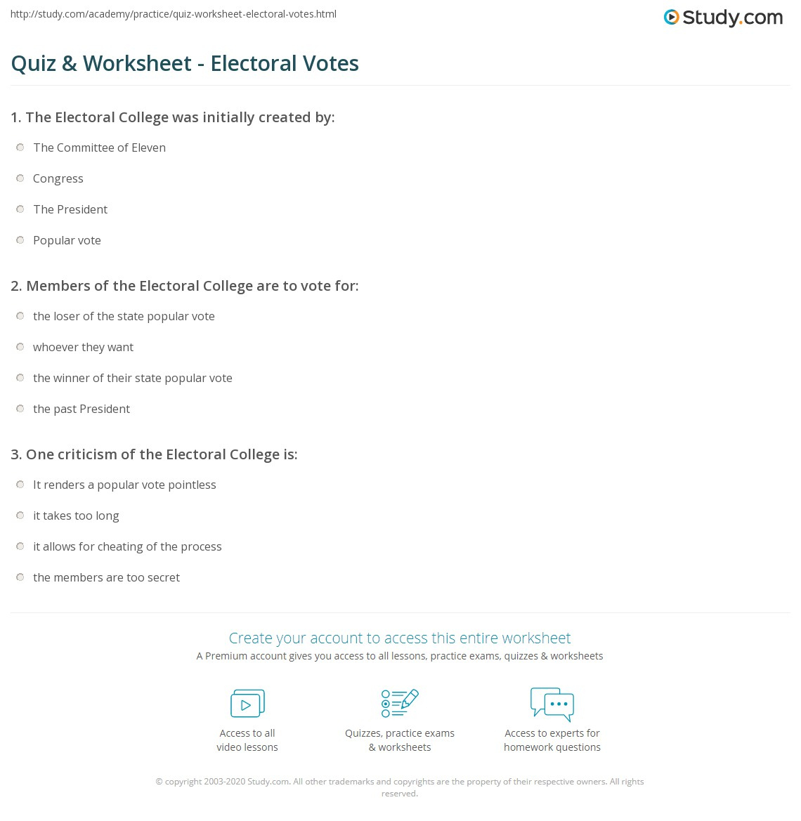 Quiz &amp;amp; Worksheet - Electoral Votes | Study within Popular V. President Worksheet