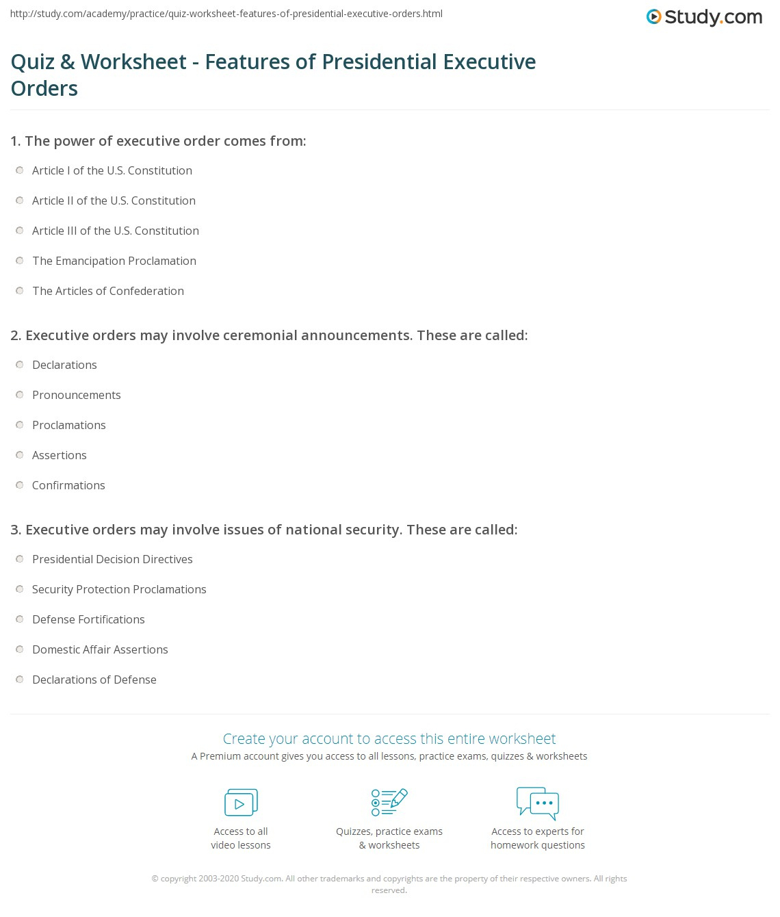 Quiz &amp;amp; Worksheet - Features Of Presidential Executive Orders pertaining to Executive Orders And the Power of the President Worksheet