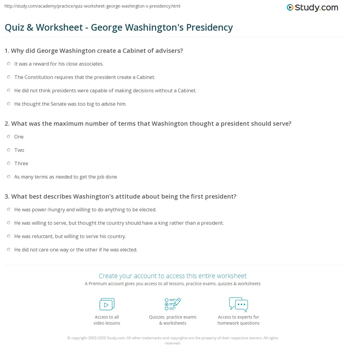 Quiz &amp;amp; Worksheet - George Washington&amp;#039;S Presidency | Study in George Washington Presidency Worksheet