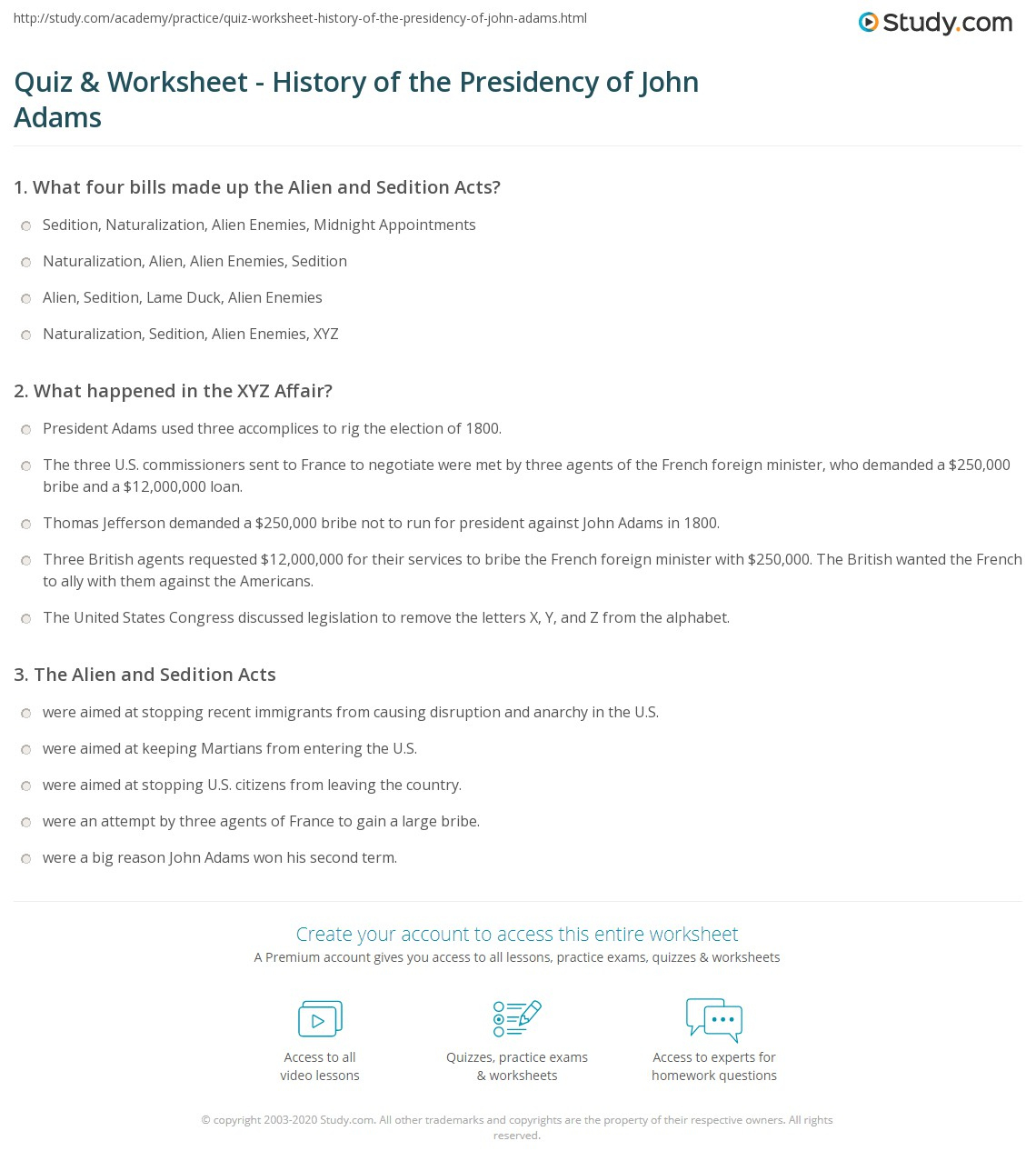 Quiz &amp;amp; Worksheet - History Of The Presidency Of John Adams | Study in The Presidency of John Adams Worksheet