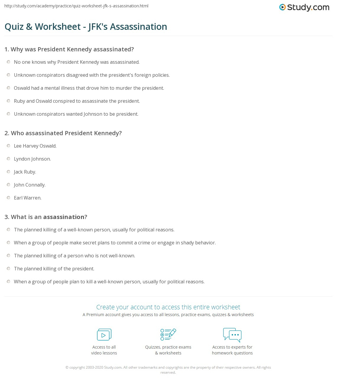 Quiz &amp;amp; Worksheet - Jfk&amp;#039;S Assassination | Study for The Presidency Of John F Kennedy Worksheet Answers
