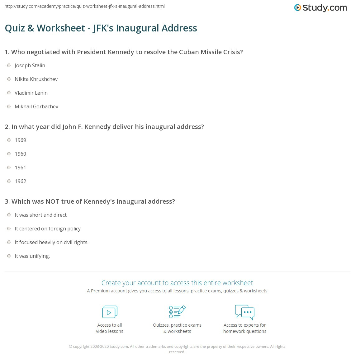 Quiz &amp;amp; Worksheet - Jfk&amp;#039;S Inaugural Address | Study within President Kennedy&amp;#039;S Speech On Civil Rights Worksheet Answers