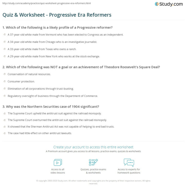 Progressive Era Presidents Worksheet