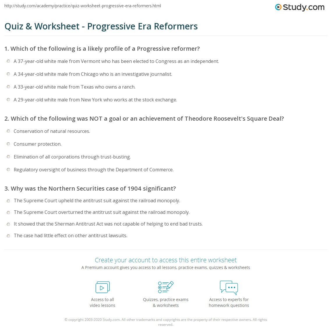 Quiz &amp;amp; Worksheet - Progressive Era Reformers | Study pertaining to Progressive Era Presidents Worksheet
