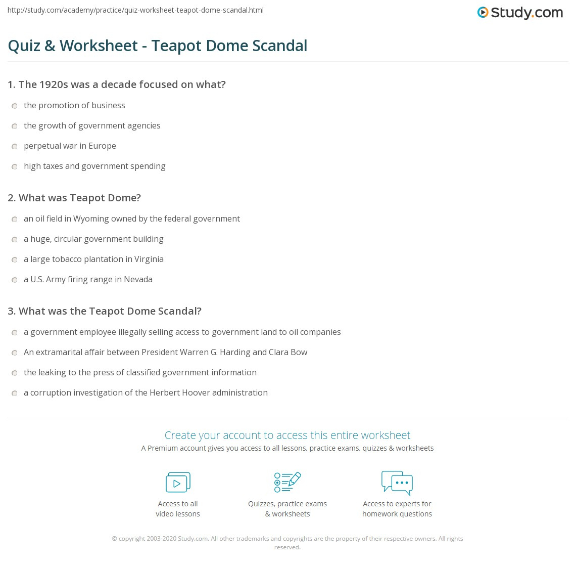 Quiz &amp;amp; Worksheet - Teapot Dome Scandal | Study regarding The Harding Presidency Worksheet Answers