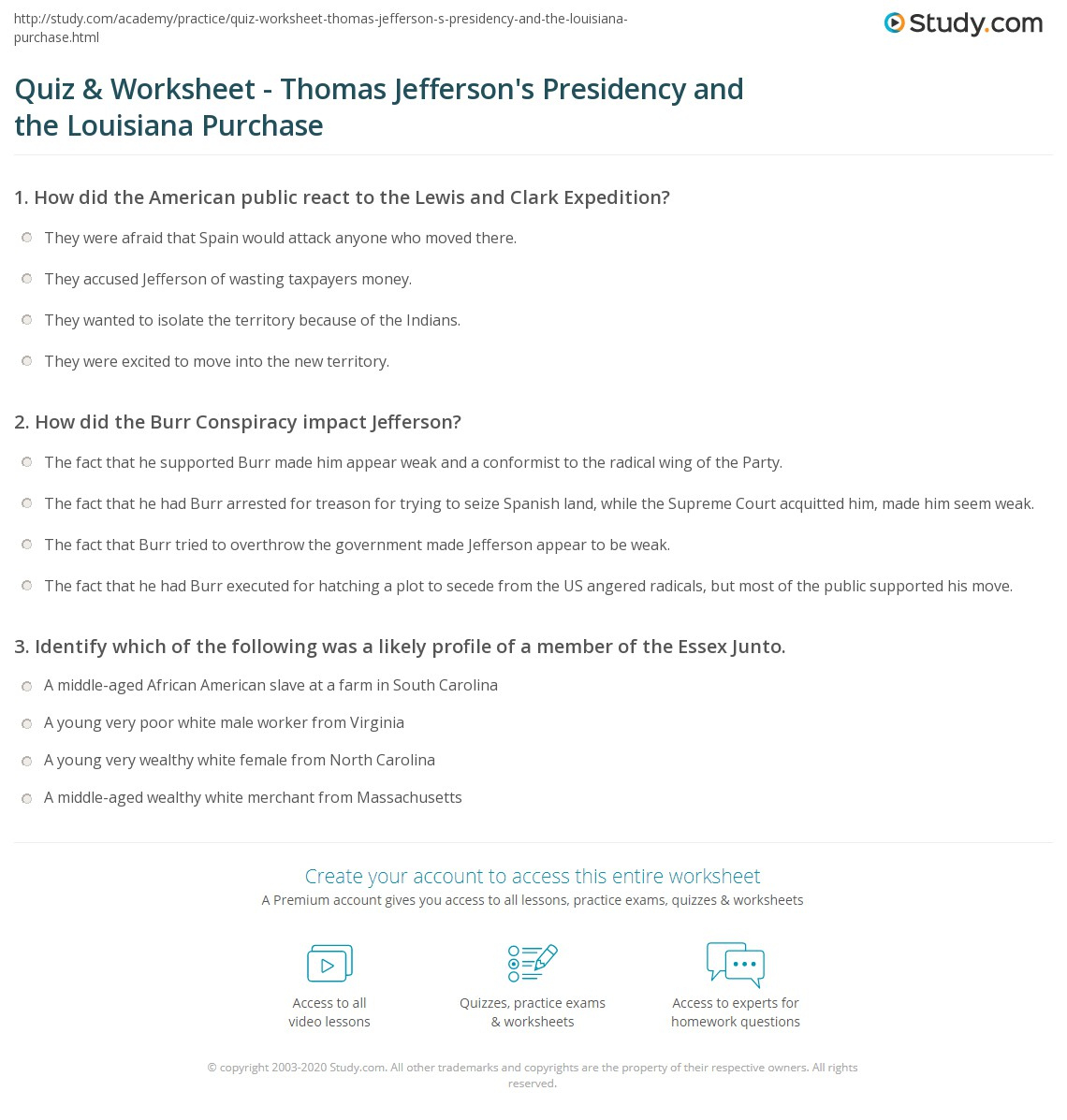 Quiz &amp;amp; Worksheet - Thomas Jefferson&amp;#039;S Presidency And The Louisiana pertaining to Thomas Jefferson Presidency Worksheet