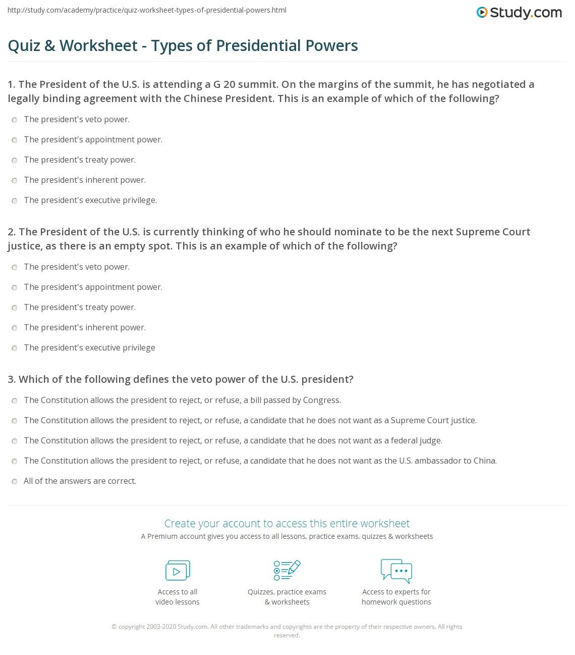 Quiz &amp;amp; Worksheet - Types Of Presidential Powers | Study for Powers of the President Worksheet