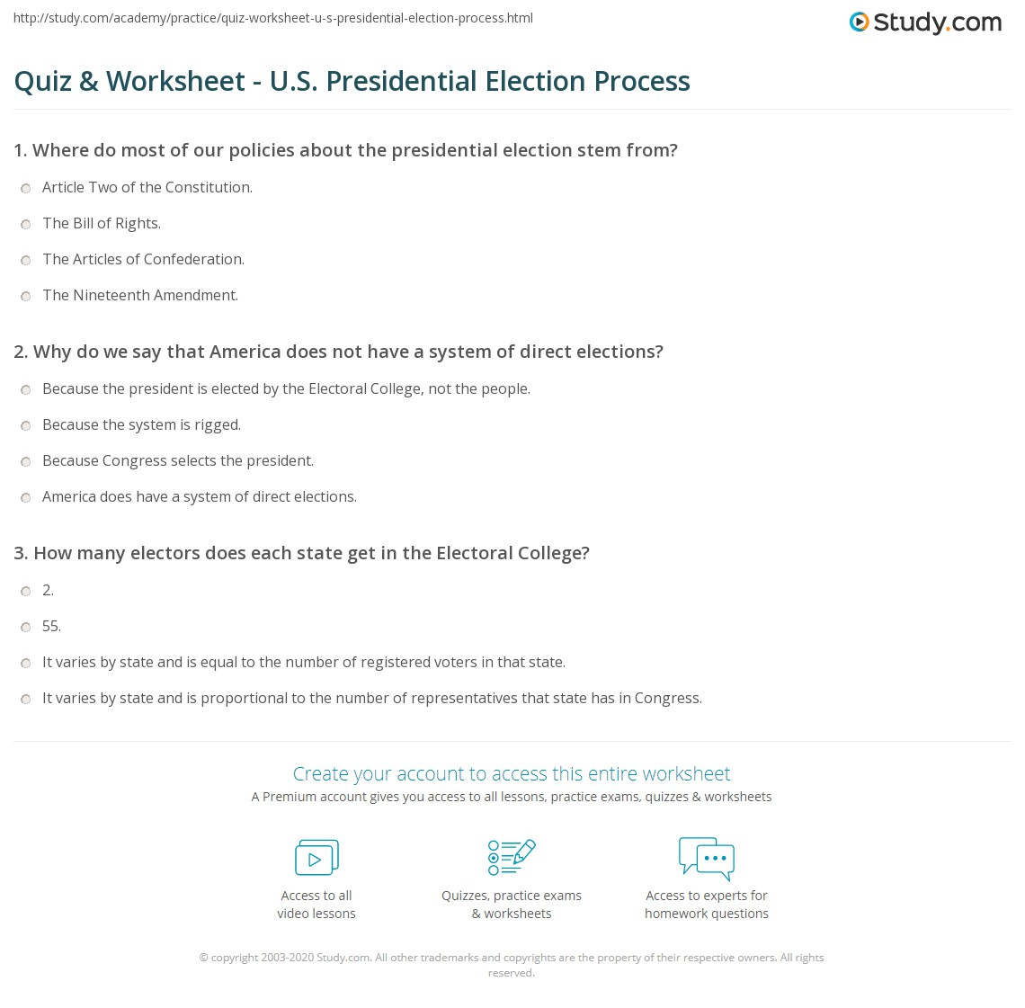 Quiz &amp;amp; Worksheet - U.s. Presidential Election Process | Study for How To Become President of the United States Worksheet