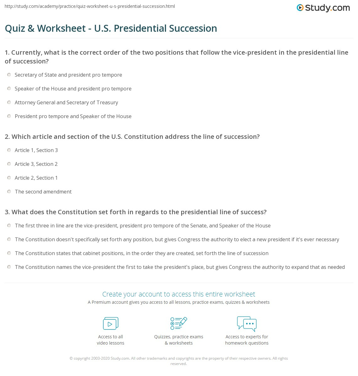 Quiz &amp;amp; Worksheet - U.s. Presidential Succession | Study regarding Presidential Succession And the Vice Presidency Worksheet