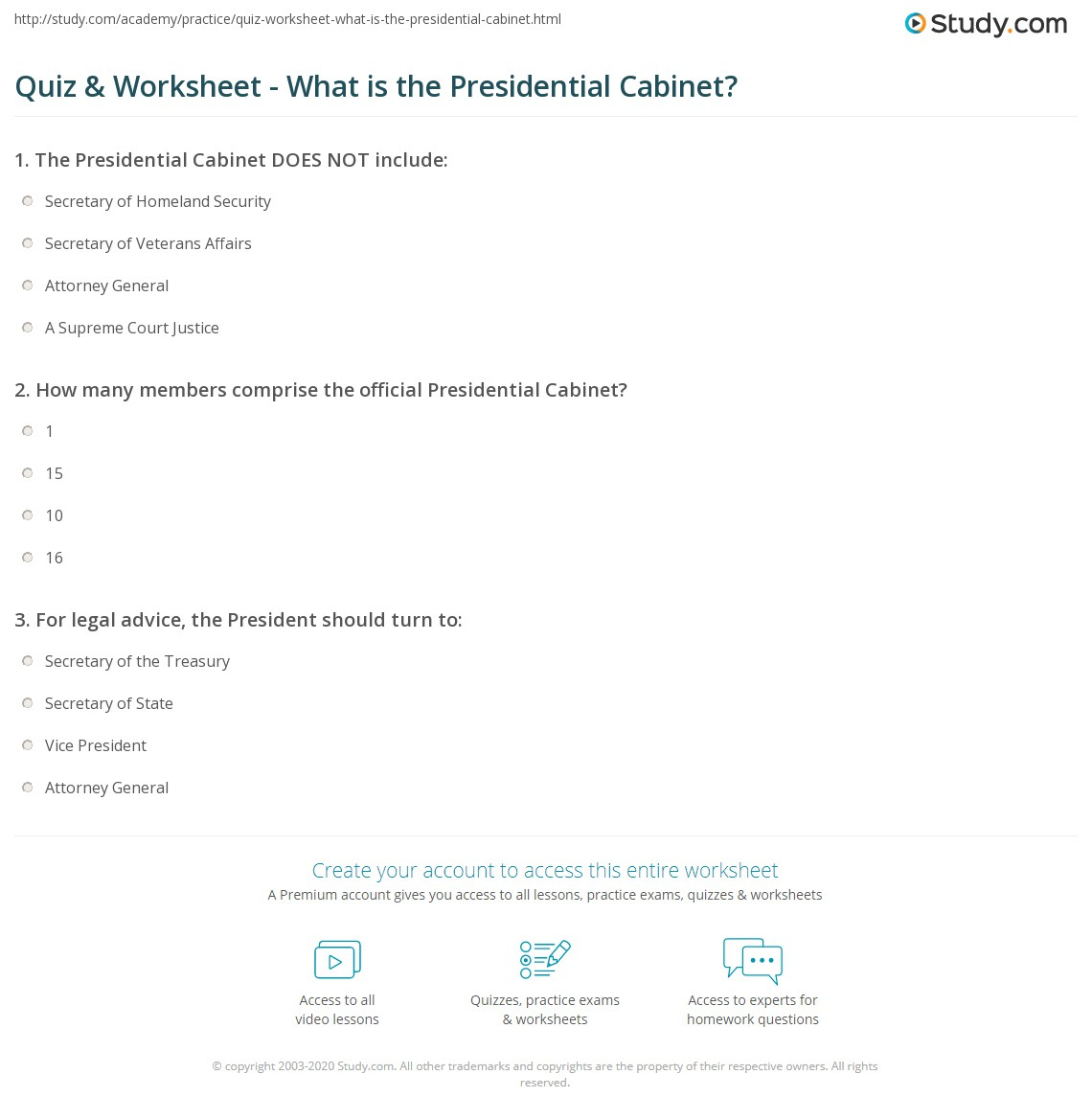 Quiz &amp;amp; Worksheet - What Is The Presidential Cabinet? | Study for The President&amp;#039;S Cabinet Worksheet Answers